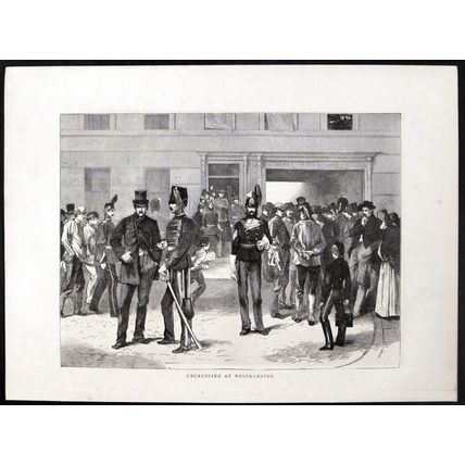 RECRUITING AT WESTMINSTER 1870 Boars Head Yard VICTORIAN ENGRAVING