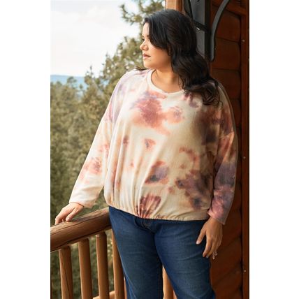 Women's Plus Cream Rust Bleached Tie Dye Drawstring Detail Relaxed Sweatshirt