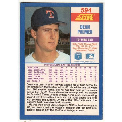 1990 Score Dean Palmer rookie RC baseball card #594 – Rangers