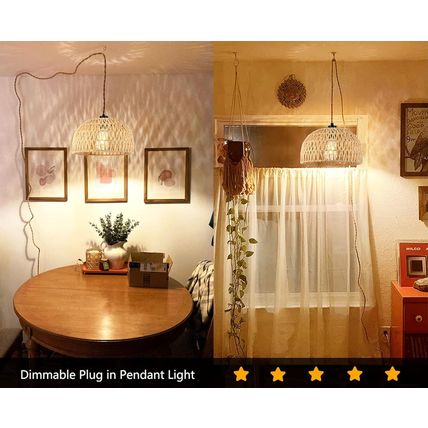 Plug in Pendant Light Rattan Hanging Lights with Plug in Cord Wicker Hanging Lam