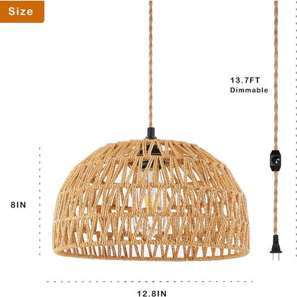 Plug in Pendant Light Rattan Hanging Lights with Plug in Cord Wicker Hanging Lam