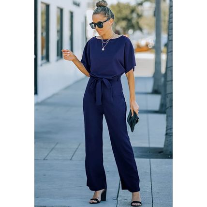 Blue Belted Wide Leg Jumpsuit
