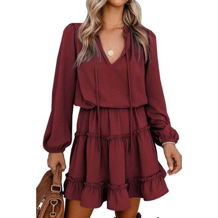 Wine V Neck Long Sleeve Ruffle Tiered Mini Dress