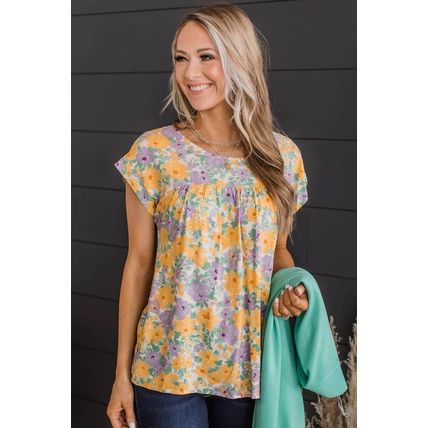 Yellow Floral Print Keyhole Back Short Sleeve Babydoll Blouse