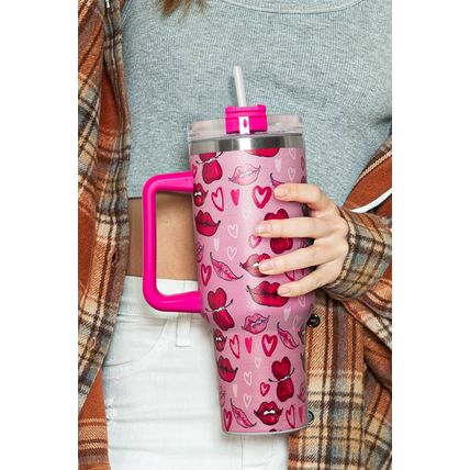 Rose Red Valentines Hearts and Kisses Print Thermos Cup