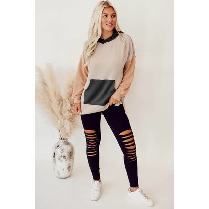 Smoke Gray Color Block High Low Textured Hoodie