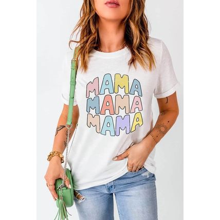 White MAMA Slogan Print Crew Neck Casual T Shirt