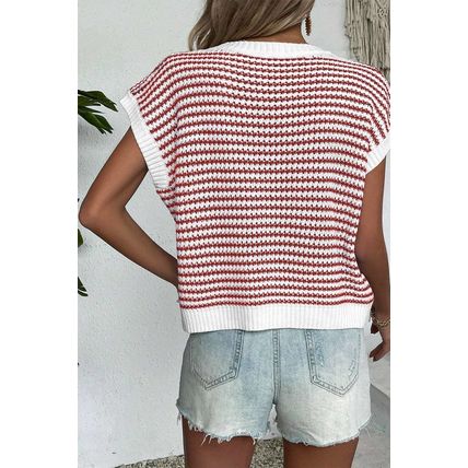Red Stripe Ribbed Trim Loose Fit Knitted Sweater Vest