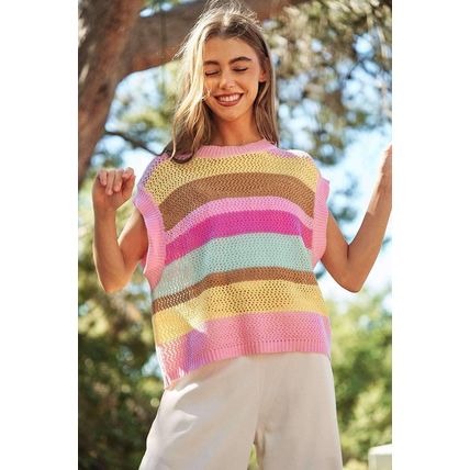 Pink Stripe Crochet Cap Sleeve Loose Fit Sweater T Shirt