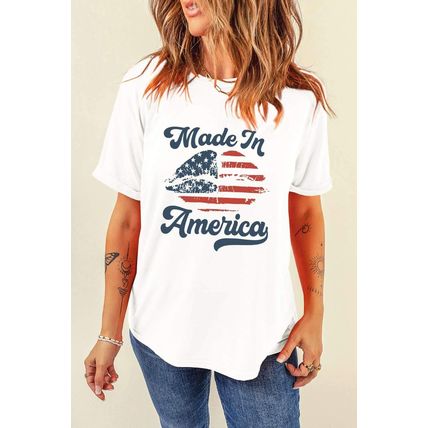 White Made in America Lip Printed O Neck T Shirt