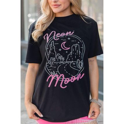 Black neon moon Letter Graphic Short Sleeve Top