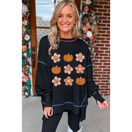 Black Floral Pumpkin Graphic Split Lantern Sleeve Seamed Sweatshirt