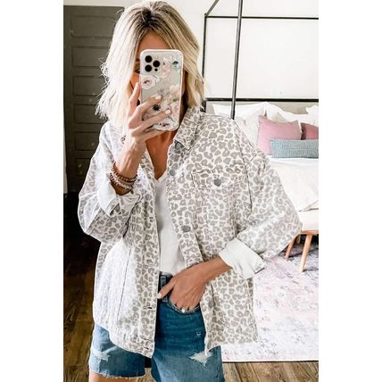 White Leopard Printed Flap Pocket Denim Jacket