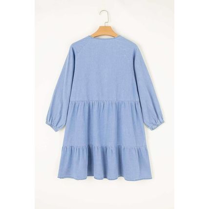 Beau Blue Puff Sleeve V Neck Tiered Ruffled Chambray Mini Dress