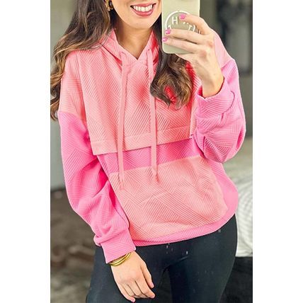 Pink Textured Color Block Kangaroo Pocket Drop Shoulder Hoodie
