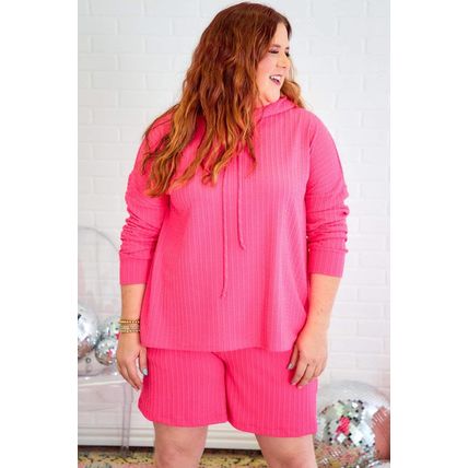 Rose Red Textured Hoodie and Shorts Plus Size Two Piece Set