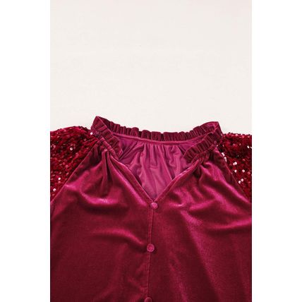 Red Dahlia Sequin Patchwork Sleeve Button Up Velvet Top
