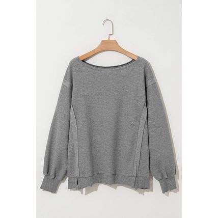 Gray Waffle knit Bishop Sleeve Split Oversized Top