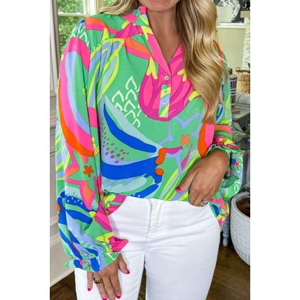 Green Abstract Printed Flounce Sleeve V Neck Buttoned Plus Size Blouse