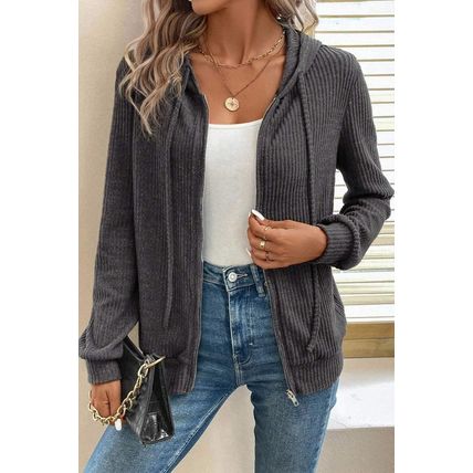 Dark Grey Ribbed Zip Up Front Drawstring Hoodie