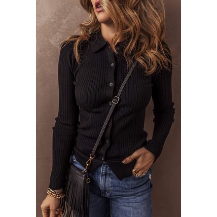 Black Ribbed Knit Collared Slim Fit Sweater Cardigan