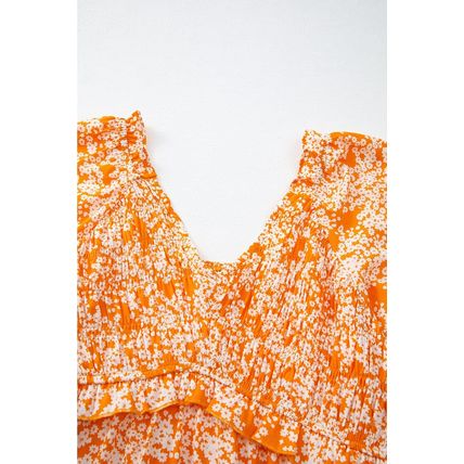 Orange Floral Print Smocked V Neck Wide Sleeve Maxi Dress