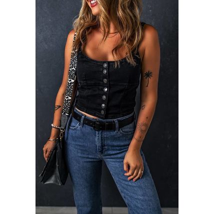 Black Acid Wash Buttoned Cropped Slim Denim Tank Top