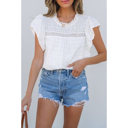 White Lace Neckline Flutter Sleeve Eyelets Blouse