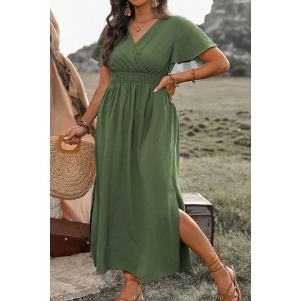 Four Leaf Clover Surplice Neckline Shirred High Waist Plus Size Maxi Dress