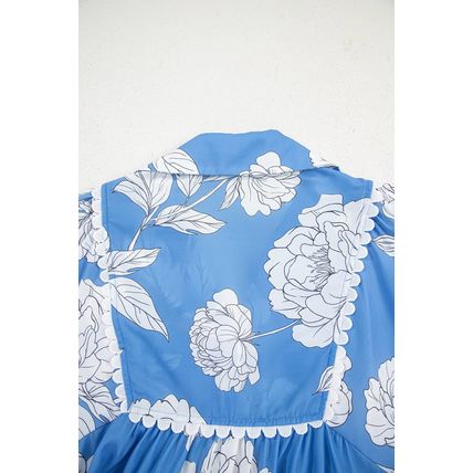 Sky Blue Floral Ricrac Trim Collared Puff Sleeve Loose Blouse