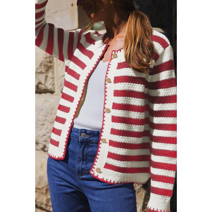 Red Stripe Chic Golden Button Cardigan Sweater