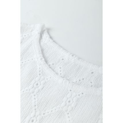 White Flower Geometric Textured Button Short Sleeve Top