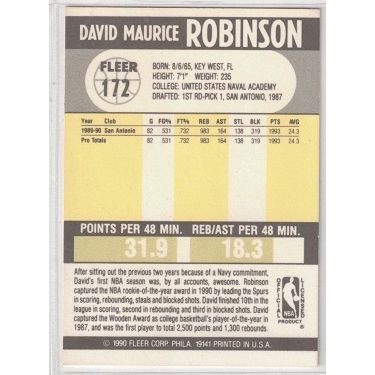 1990 FLEER BASKETBALL DAVID ROBINSON card # 172