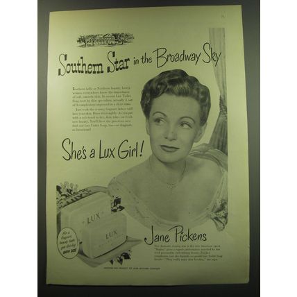1949 Lux Soap Ad - Jane Pickens - Southern Star in the Broadway Sky