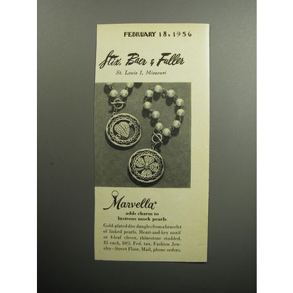 1956 Marvella Jewelry Ad - Marvella adds charm to lustrous mock pearls