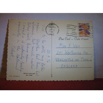CRYSTAL CLEAR LAKE, EAU CLAIRE, QUEBEC, CANADA used postcard 1976 postmark =