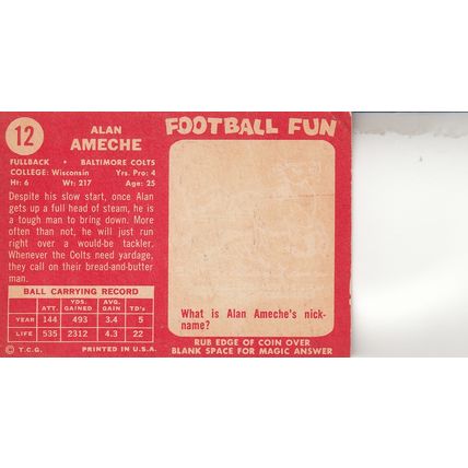 ALAN AMECHE 1958 AUTOGRAPHED BALTIMORE COLTS HOF WORLD CHAMPION FULLBACK CARD