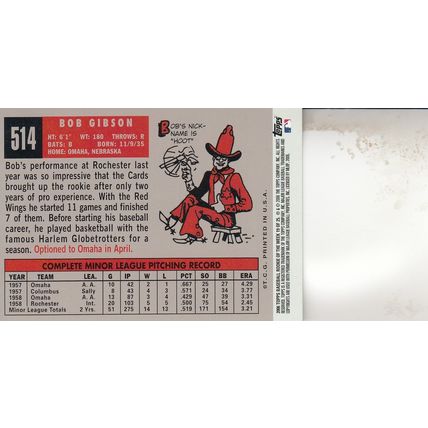 BOB GIBSON 1959 AUTOGRAPHED ST. LOUIS CARDINALS HOF WORLD CHAMPION PITCHER CARD