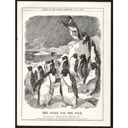 START FOR THE POLE 1910 Leonard Raven-Hill - penguins PUNCH CARTOON PAGE