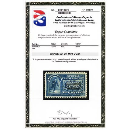 E5, Mint XF NH 10¢ With Graded 90 PSE Certificate - READ - Stuart Katz