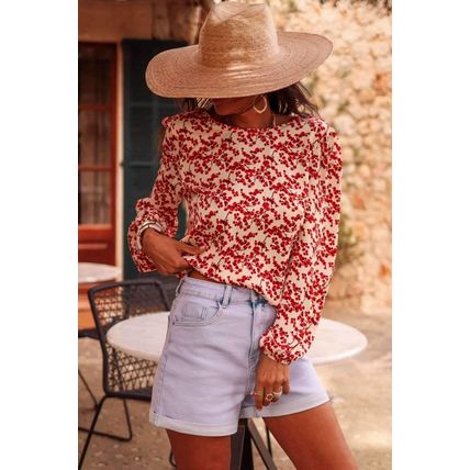 Red Floral Print Long Sleeve Open Back Blouse