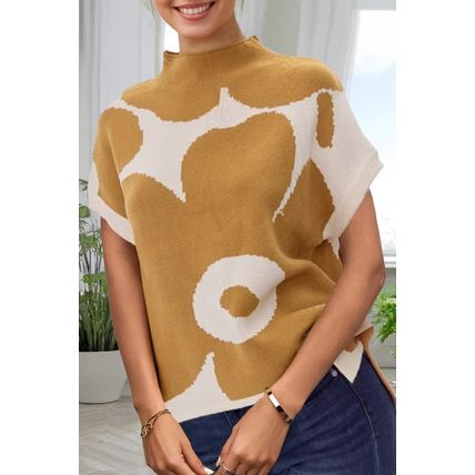 Camel Big Flower Pattern Stand Neck Short Sleeve Sweater