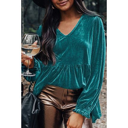 Sea Green Velvet V Neck Peplum Hem Puff Sleeve Blouse