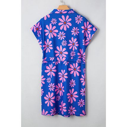 Purple Floral Striped Quarter Zip Cap Sleeve Drawstring Waist Mini Dress