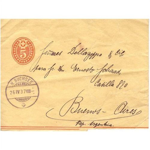 SWITZERLAND HELVETIA 1937 PRE STAMP WRAPPER TO BUENOS AIRES H. BUCHSEE CDS