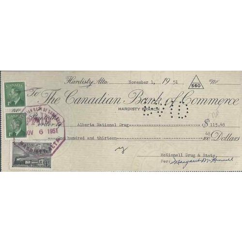 Canada Postes Postage Issue 1951 used as Revenue on cheque, Hardisty Alberta