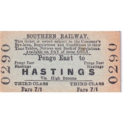 PENGE EAST - HASTINGS via HIGH BROOMS Southern Railway Ticket SR 0290 Edmundson