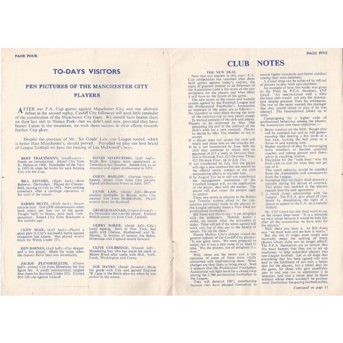 MATCH PROGRAMME 1960-61 CARDIFF CITY v MANCHESTER CITY (Good - Writing Inside)
