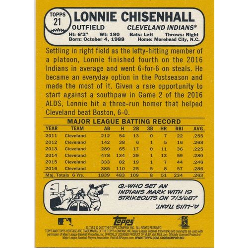 2017 Topps Heritage Baseball 21 Lonnie Chisenhall Cleveland Indians