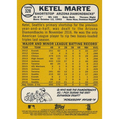 2017 Topps Heritage Baseball 328 Ketel Marte Arizona Diamondbacks